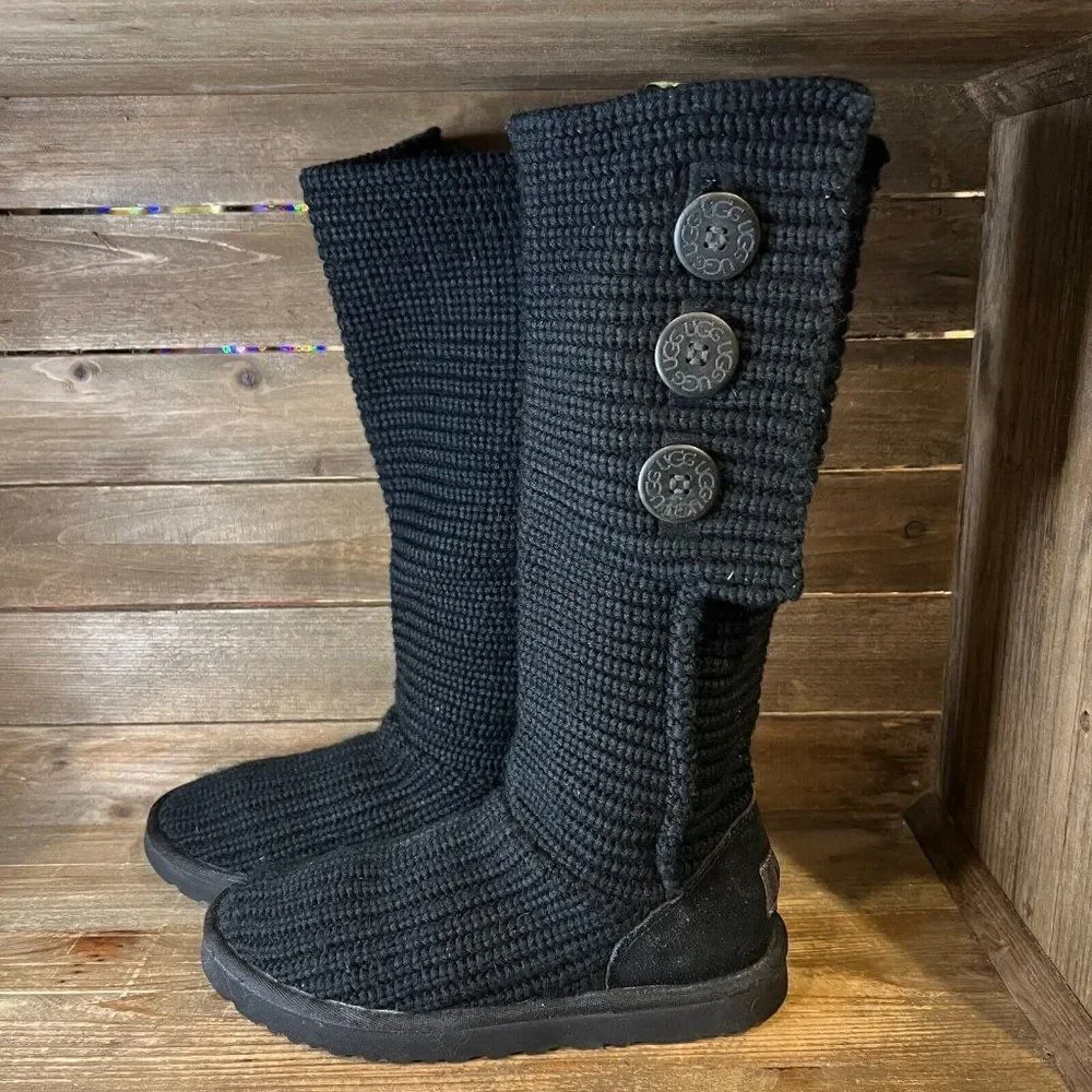 Womens UGG Cardy 5819 Black Knit Tall Foldover Button Boots Shoes Size 7‎ M GUC